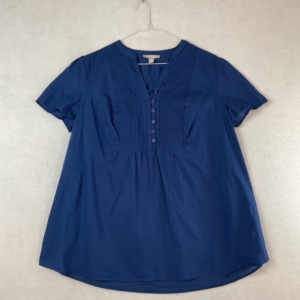 Woman Within Navy Blue Pintuck Pleated Cotton Blouse Short Sleeve Size M 14/16